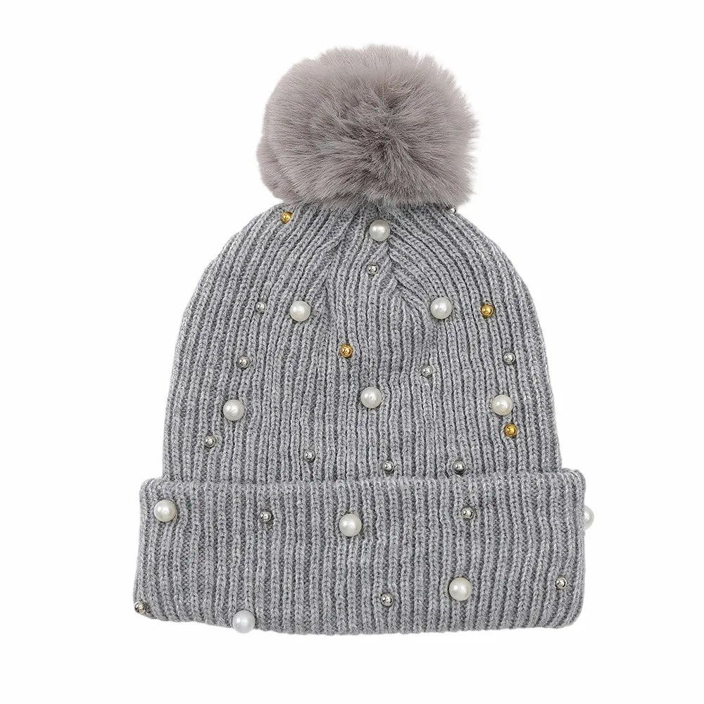 Winter Warm Crotchet Ruffle Acrylic Beanies With Shape Loose Beads Adult Ladies Outdoor Pompom Knitted Hat