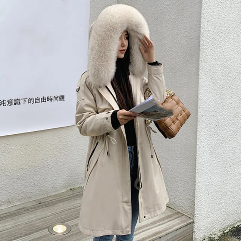 OFTBUY 2024 Women's X-Long Winter Parka Real Natural Fox Fur Collar Hood Rabbit Fur Removable Windproof Warm Trench Coat New