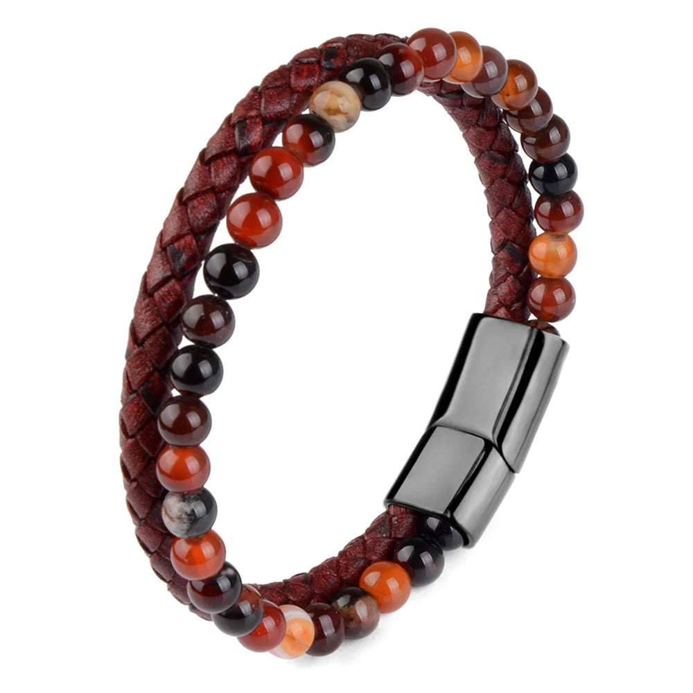 Chanfar New Fashion Punk Tiger Eye Lava Men Natural Stones Bead Leather Bracelet