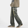 Men's American Retro Style Straight Wide Leg Casual Pants Mid Waist Dark Washed Denim Jeans for Spring Y2K