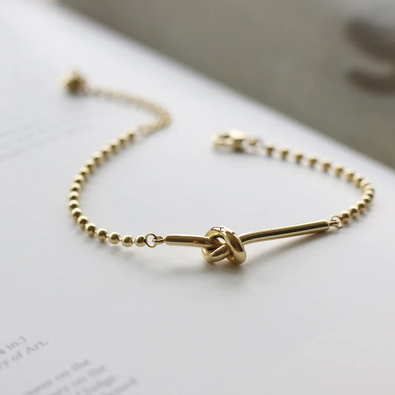 Personality 316L Stainless Steel 14K Gold Knotted Rope Beads Chain Love Knot Bracelet