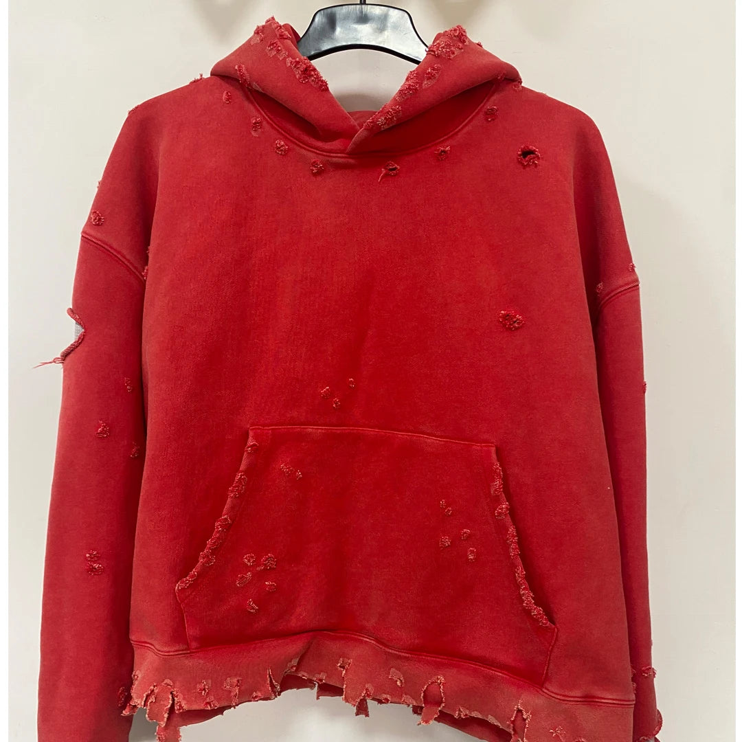 Custom Heavyweight 100% Cotton French Terry Boxy Fix Cropped Ripped Double Layers Waffle Distressed Wash Hoodies for Men