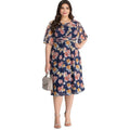Plus Size Big Women Flare Sleeve Floral Print Navy Criss-Cross Mesh Dress 1XL 2XL 3XL 4XL 5XL