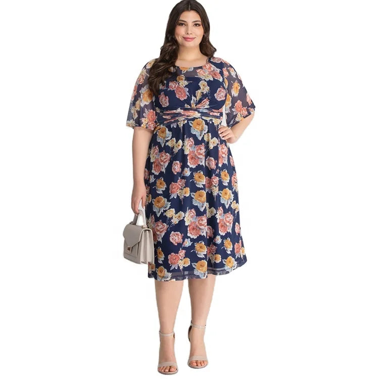 Plus Size Big Women Flare Sleeve Floral Print Navy Criss-Cross Mesh Dress 1XL 2XL 3XL 4XL 5XL