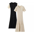 Hot Selling Autumn New Fashion Ladies Pleated Button Waist Short Sleeve Midi Dresses Women