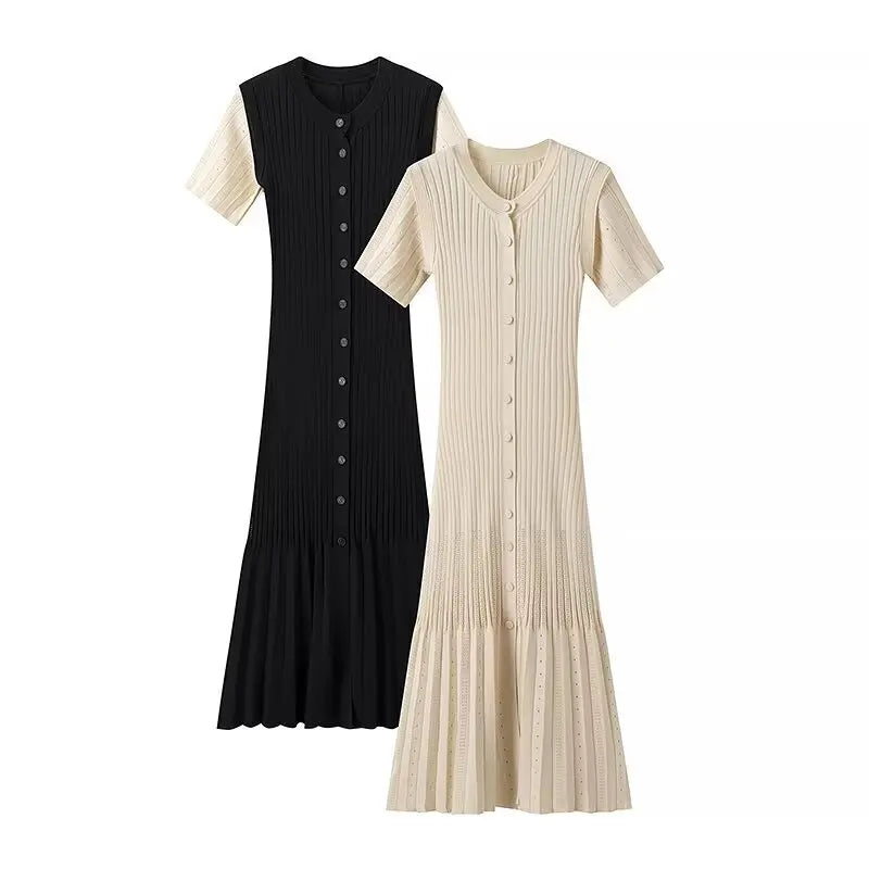 Hot Selling Autumn New Fashion Ladies Pleated Button Waist Short Sleeve Midi Dresses Women