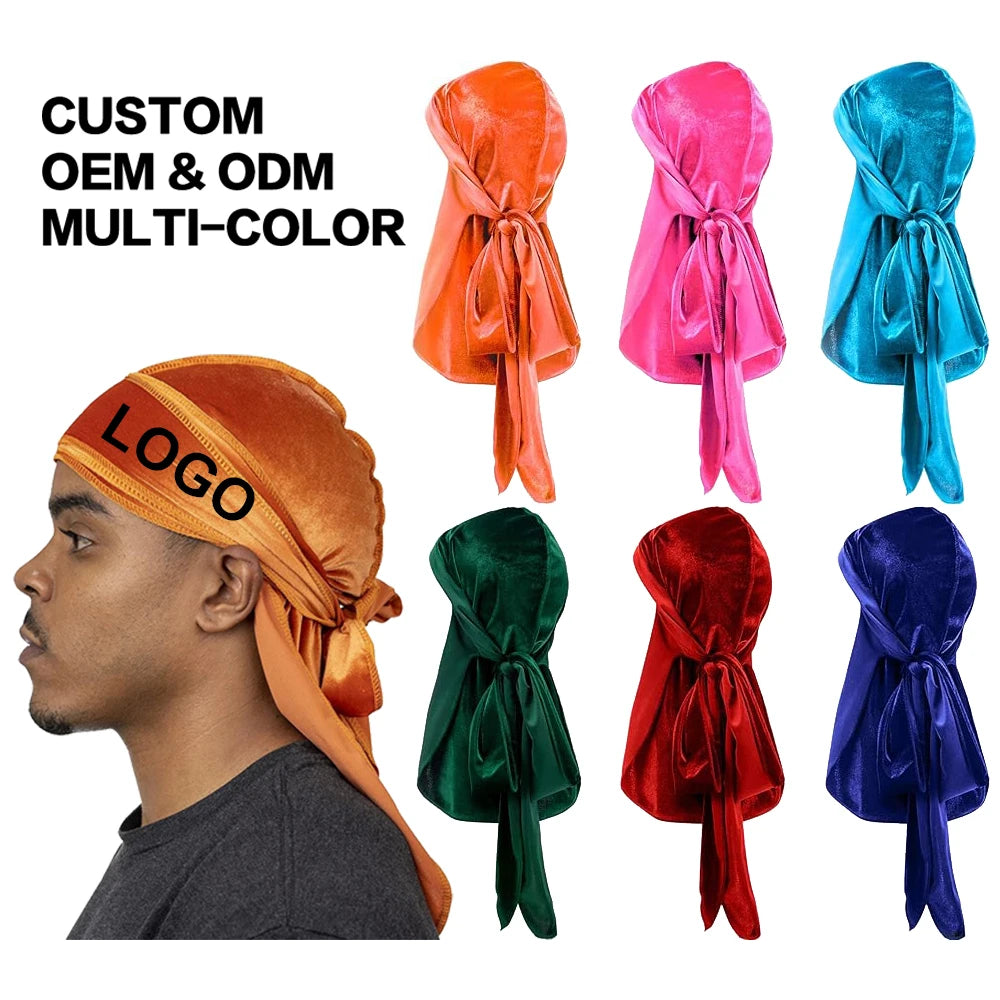 Custom Logo Soft Velvet Durag with Long Tail Turban Beanies Double Wide Straps for Men Women Stretchable Luxury Wave Cap