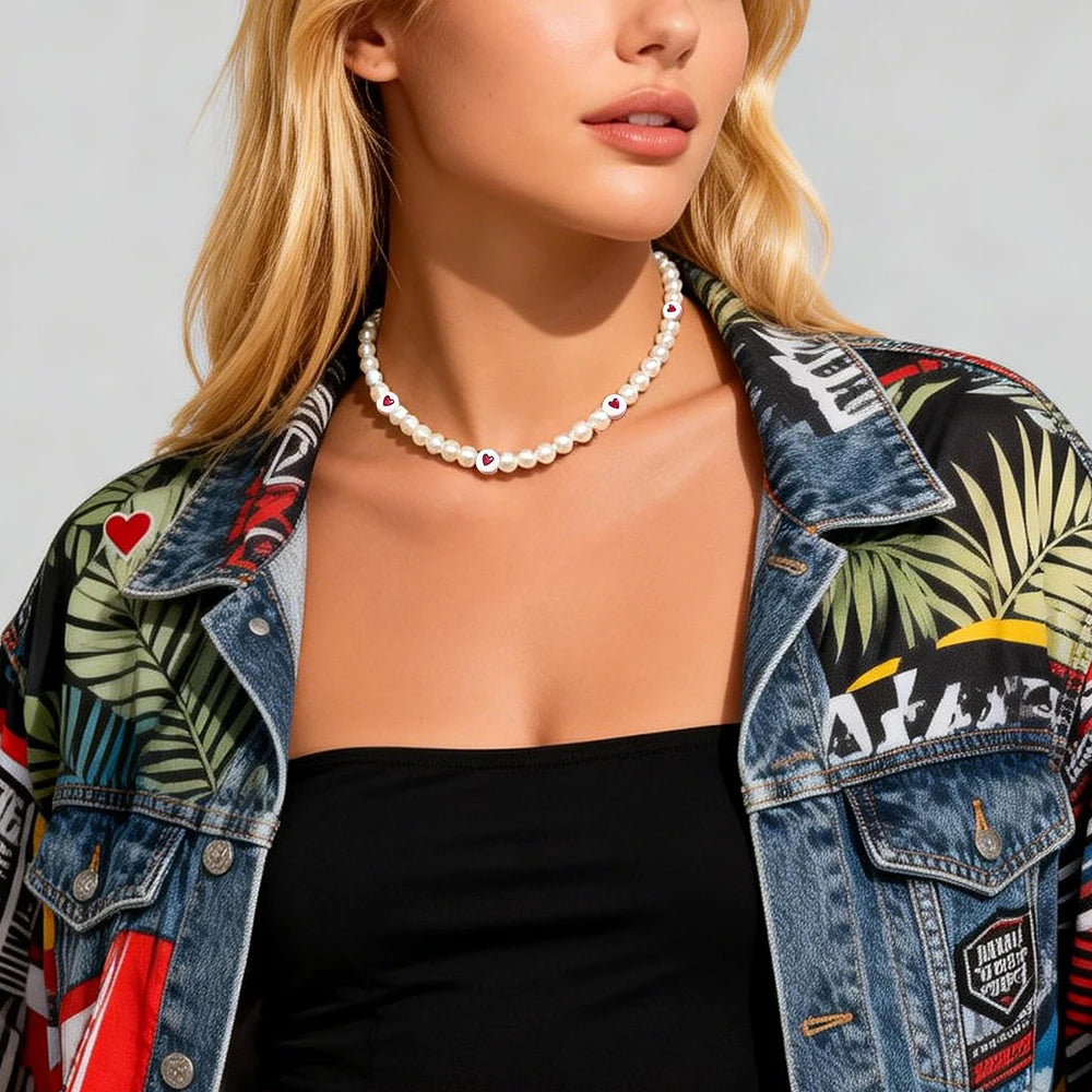 SHIXIN Kpop Boho Sweet Love Heart Pearl Short Choker Necklace Women Wed Bride Handmade Beads Clavicle Chain Y2K Jewelry