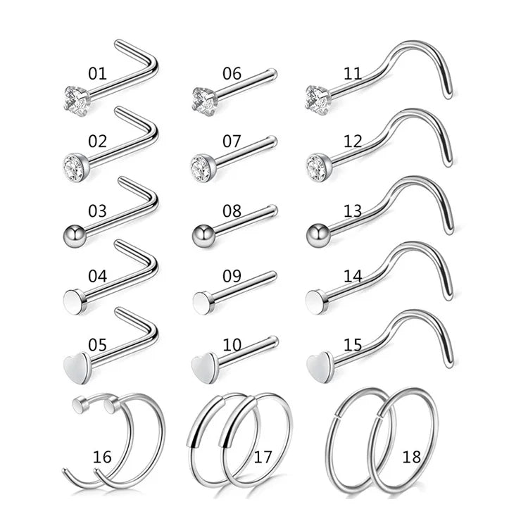 G C L Type 21pcs Piercings Jewelry Hoops Nose Studs Screw False Stainless Steel Nose Ring l Shape