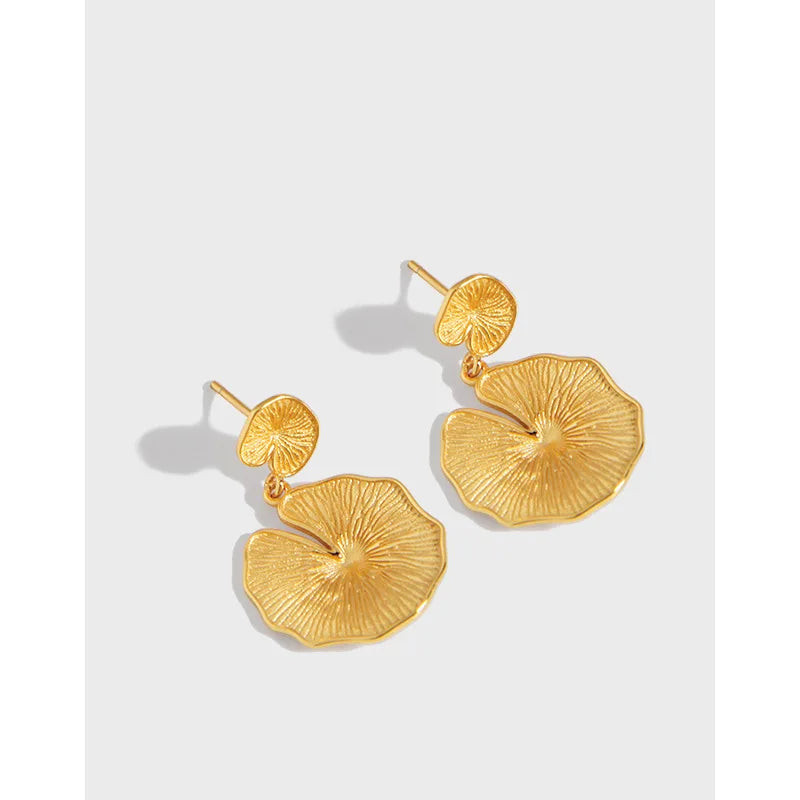 New Sterling Silver Lucid Ganoderma Earring Gold Pure Silver Lotus Leaf Dangle Earring S925 Silver Plant Earring