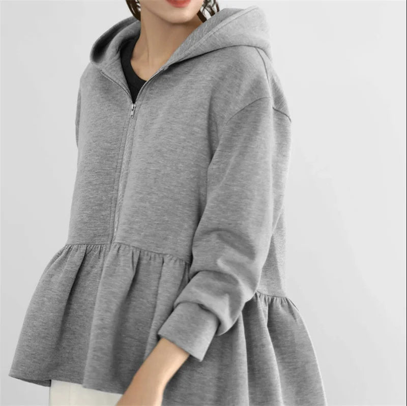 Custom Logo Spring Tops Long Sleve Solid Free Size Ruffles Zip up Women Hoodies