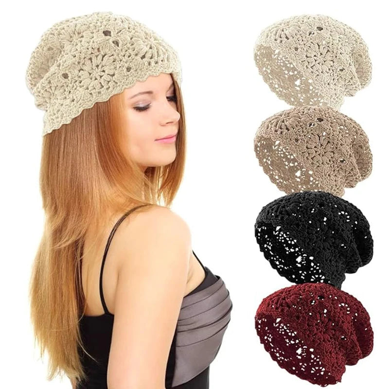 Women Cotton Crochet Slouchy Beanie Hat Handmade Knit Cutout Summer Floral Skull Cap