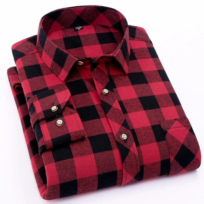 Wholesale Men Long Sleeve Custom Logo Casual  Cotton Checked Plaid Thick Flannel Shirts