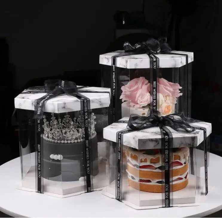 Double Side Film Plastic PET Cake Box Transparent for Gifts and Party Wholesale Custom Logo 6 8 10 Inch Cake Packaging Hexagon