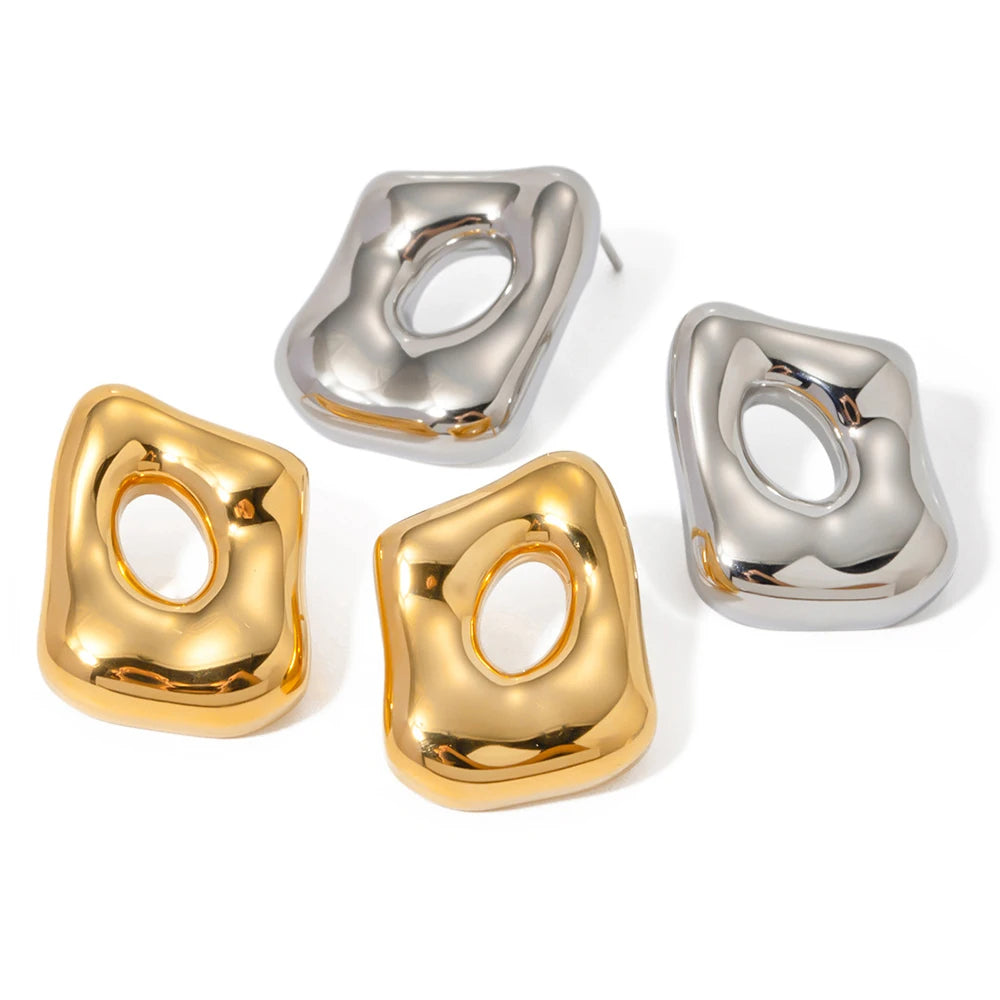 18K PVD Gold Plated Stainless Steel Hollow Irregular Geometric Stud Earrings Waterproof Hammered Texture Jewelry for Women