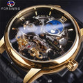 Forsining New Men Skeleton Dial Dual Time Zone Mechanical Watch  Leather Band Moon Phase Tourbillon Waterproof Automatic Watch