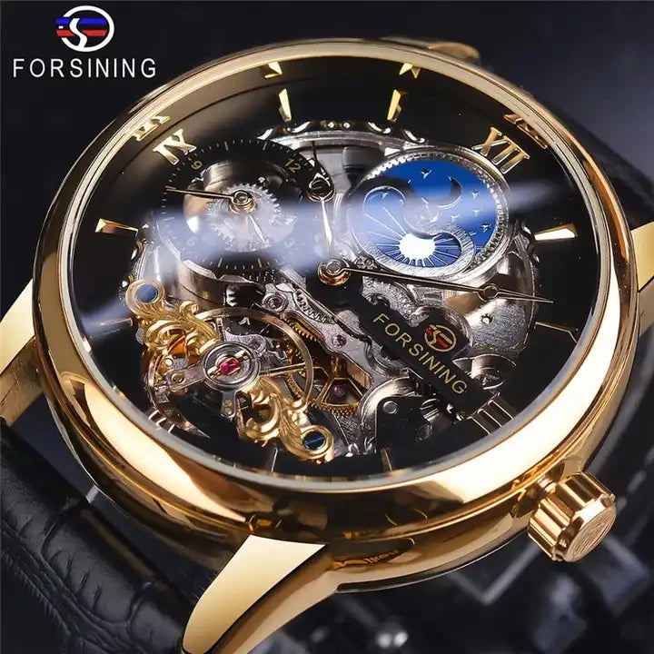 Forsining New Men Skeleton Dial Dual Time Zone Mechanical Watch  Leather Band Moon Phase Tourbillon Waterproof Automatic Watch