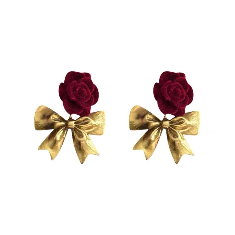 Simple Vintage Bow Knot Red Rose Flower Earrings Jewelry Gold Plated Bow Stud Earrings for Women Gift