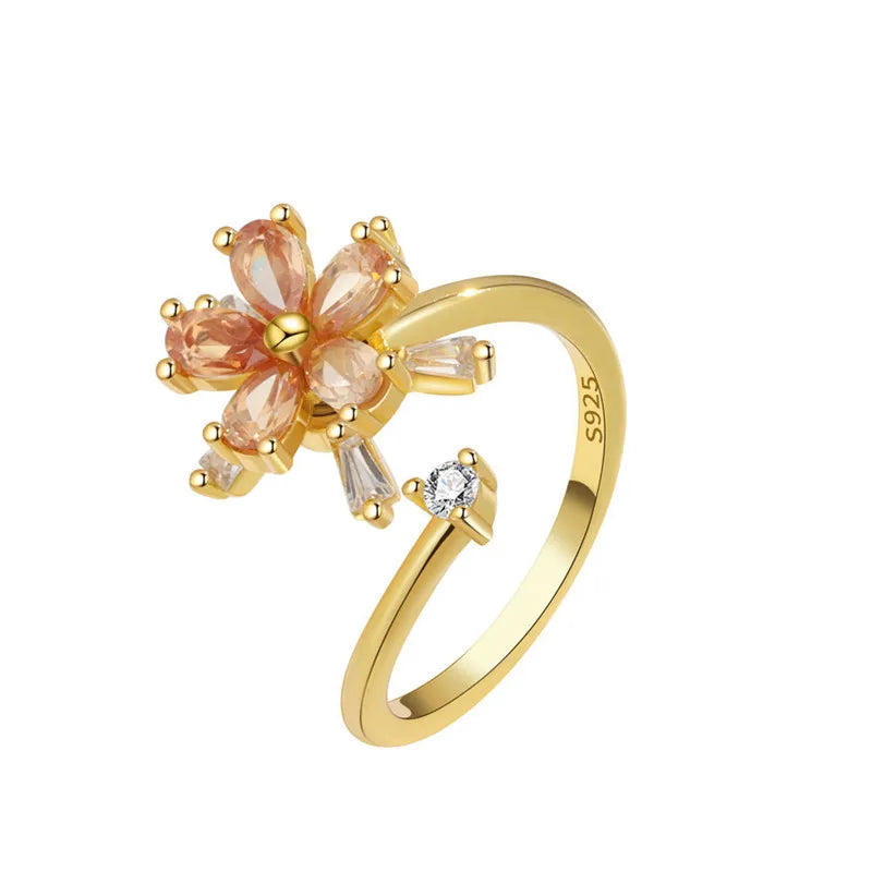Open Adjustable Rotatable Cubic Zirconia Anti-Anxiety  Flower Spinning Rings for Girl's Birthday Christmas Jewelry Gifts