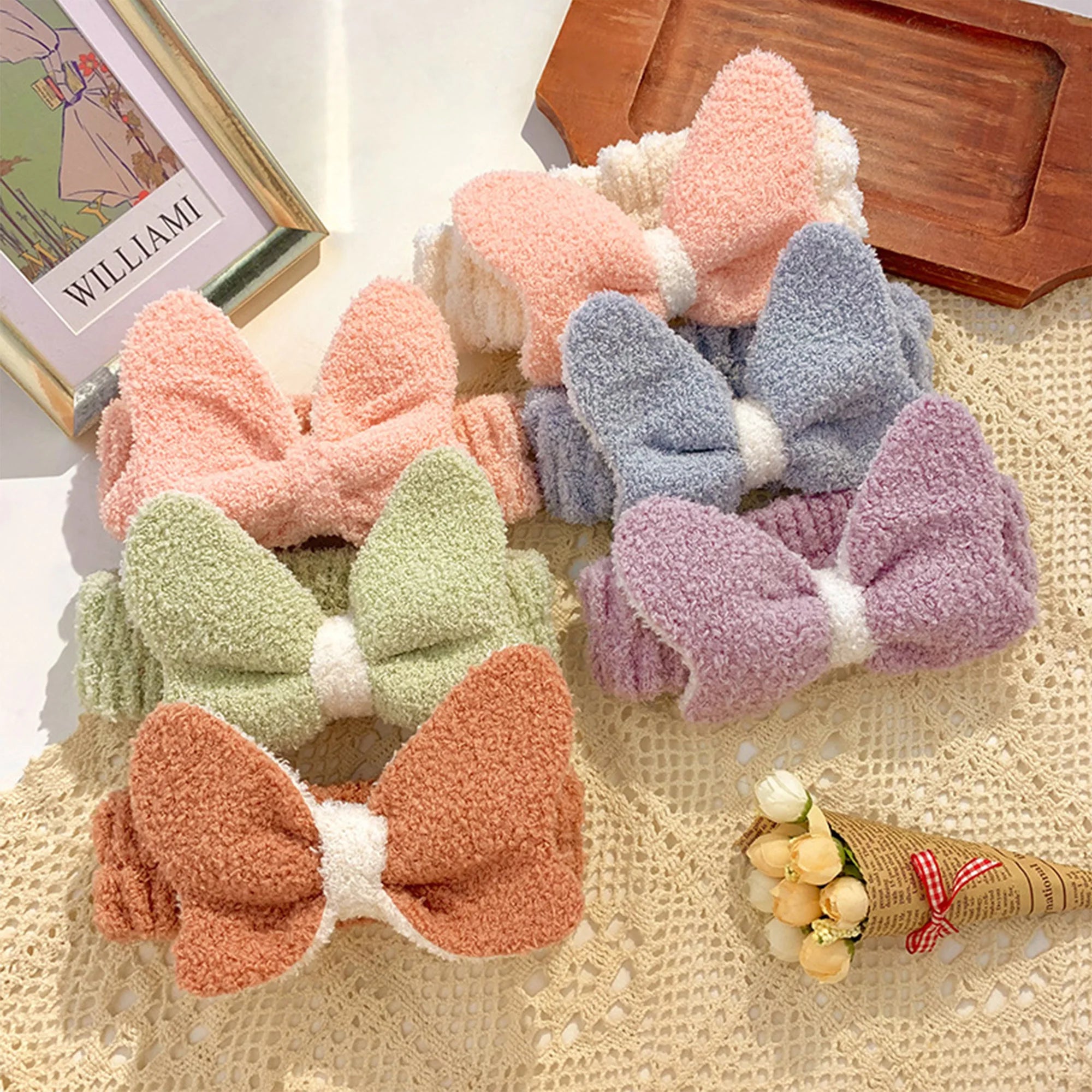 Skincare Eco-Friendly Handmade Unisex Fleece Headbands for Women-Solid Color Facial Hair Band with Bowknot Makeup Spa Use