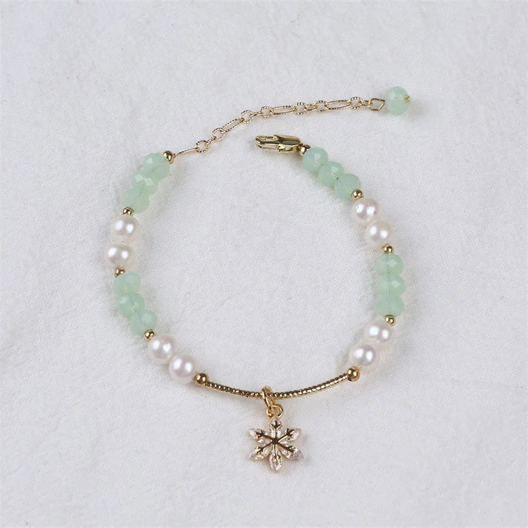 Green Crystal Natural Freshwater Pearl Jewelry With Snowflakes Accessories Women's Bracelet