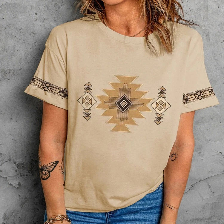 Women's Vintage Aztec Style Graphic Designer T-Shirts Fashionable Printed Crocheted Tops for Plus Size Loose Summer Vintage