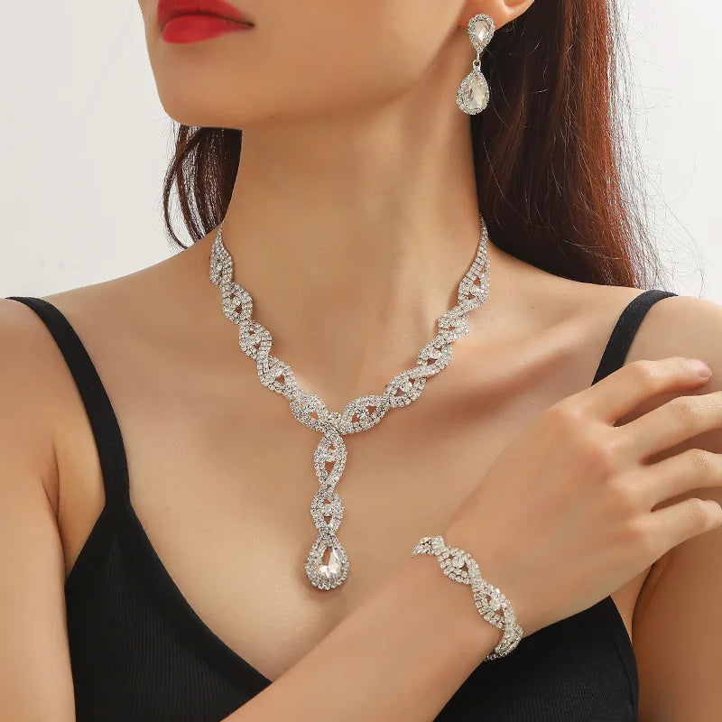 Qushine Multi-Style Wedding Crystal Jewelry Set Copper Rhinestone Necklace Earrings for Women's Party or Gift
