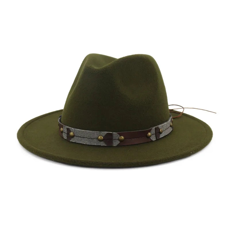X3087 Wide Brim Fedoras Men Wool Hats Leather Belt Jazz Hat Women Large Brim MegaBDM