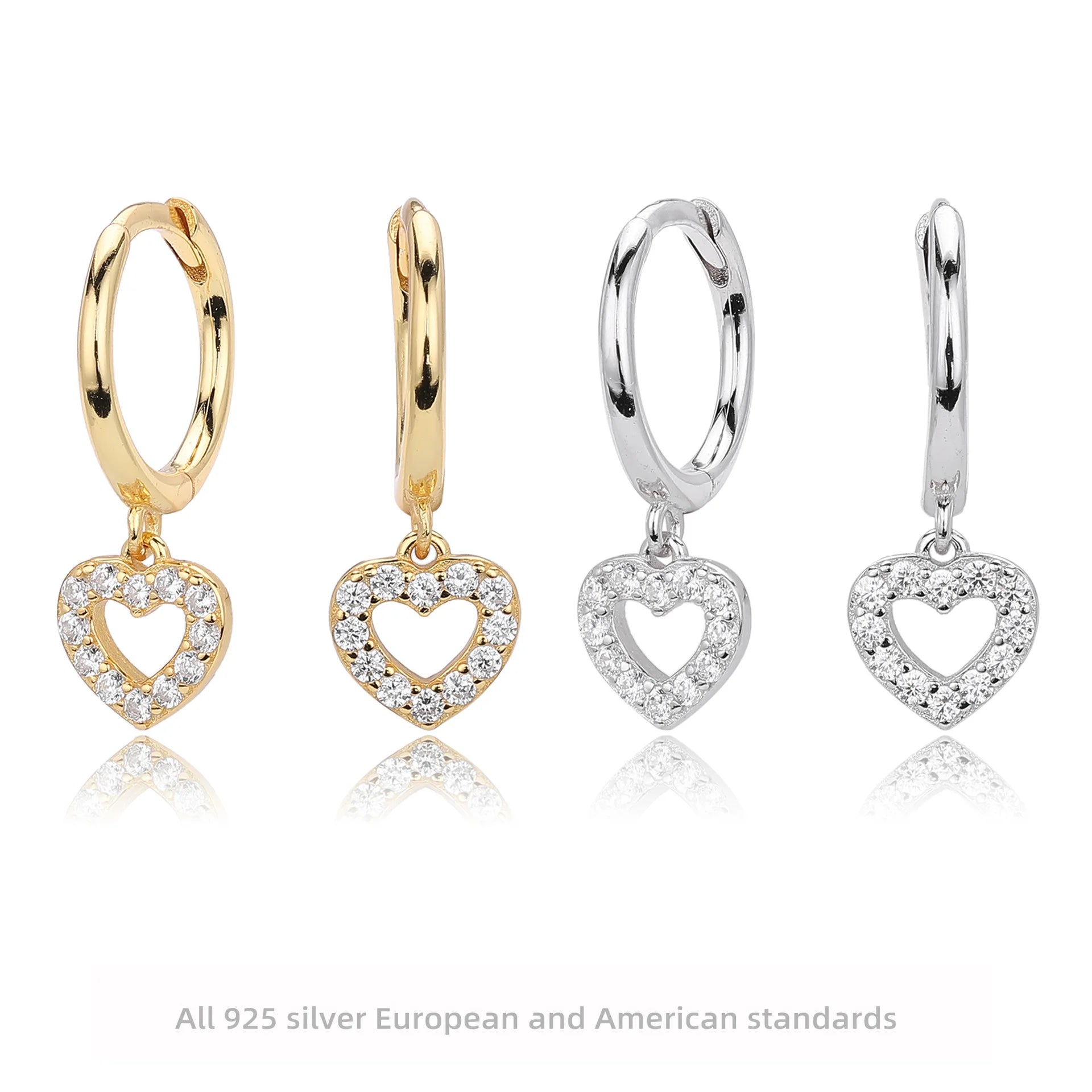 White Cubic Zirconia Hollow Love Heart Drop Cute Jewelry 925 Sterling Silver Hoop Earrings Women
