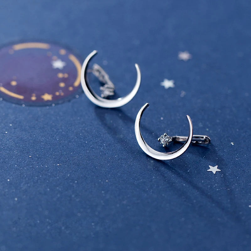 Genuine 925 Sterling Silver Fashion Moon Shiny CZ Stud Earrings for Women Wedding Party Fine Jewelry Gift