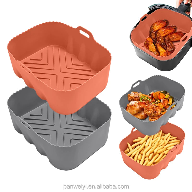 Custom Logo Food Grade Rectangular NotStick  Silicone Air Fryer Liner Reusable Air Fryer Silicone Pot Repeatable Baking Pan