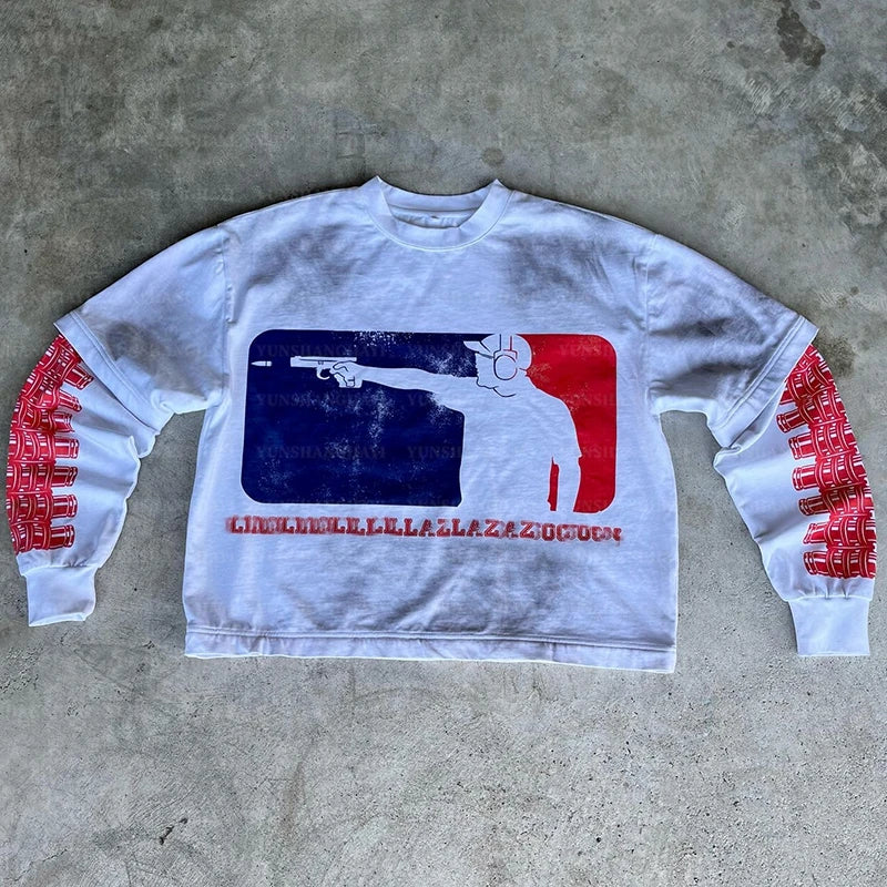 YSJY Wholesale Streetwear Custom Oversize Graphic Print French Terry Double Layer Long Sleeve T Shirt for Men