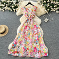 LW0998 2025 Early Spring Holiday Style Dress Women Elegant Waist Ruffled Print Chiffon Long Skirt Casual Women'S Dresses