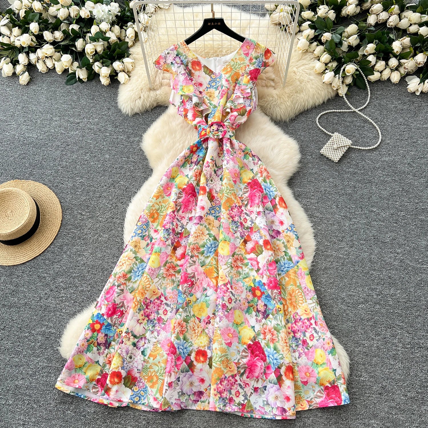 LW0998 2025 Early Spring Holiday Style Dress Women Elegant Waist Ruffled Print Chiffon Long Skirt Casual Women'S Dresses