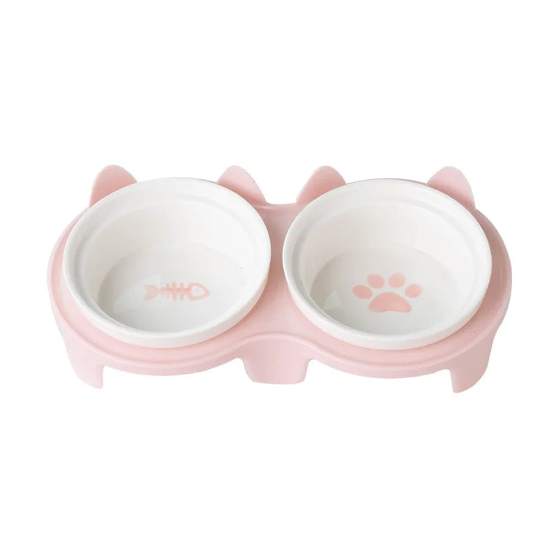 Double Bowl Pet Feeders Tilted Cat Feeding Paired Bowls Elevated Ceramic Food Water Cat Bowl