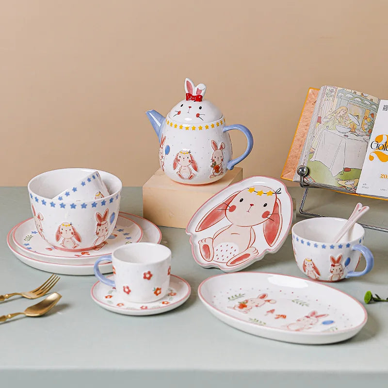 Japanese Cartoon Ceramic Tableware Embossed Cute Rabbit Coffee Cup Girl Heart Hand-painted Dessert Plate