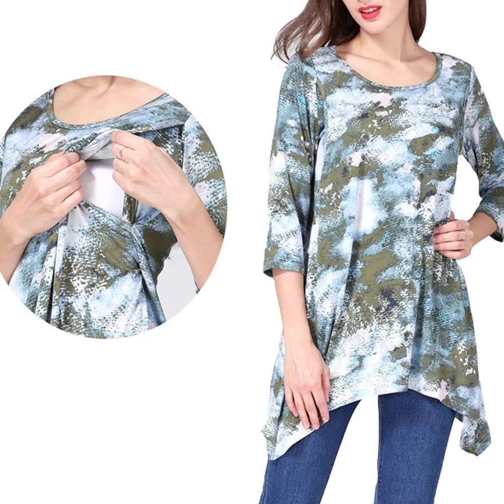 Logo Custom O-Neck Half Sleeve Maternity Cotton Dress Floral Pattern Breastfeeding Modest Dress Front Open Dress Women
