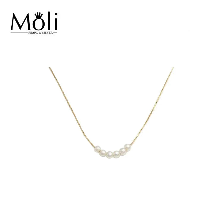 Fashion Women Gold Plated Silver Necklace Small Size 4-5mm Round Freshwater Pearl Choke Jewelry Gift