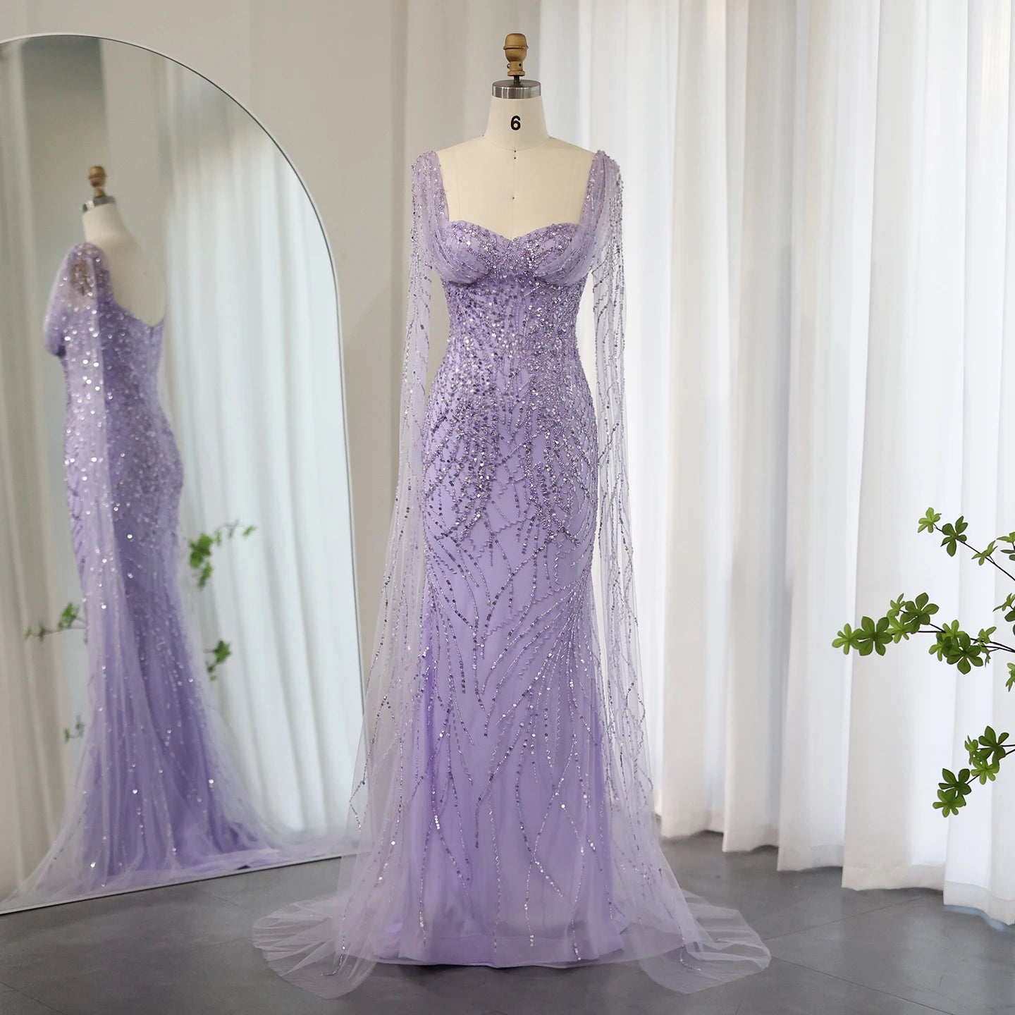 Lilac Mermaid Luxury Dubai Evening Dresses With Cape Sleeves Elegant Arabic Women Wedding Formal Party Gowns SCZ211