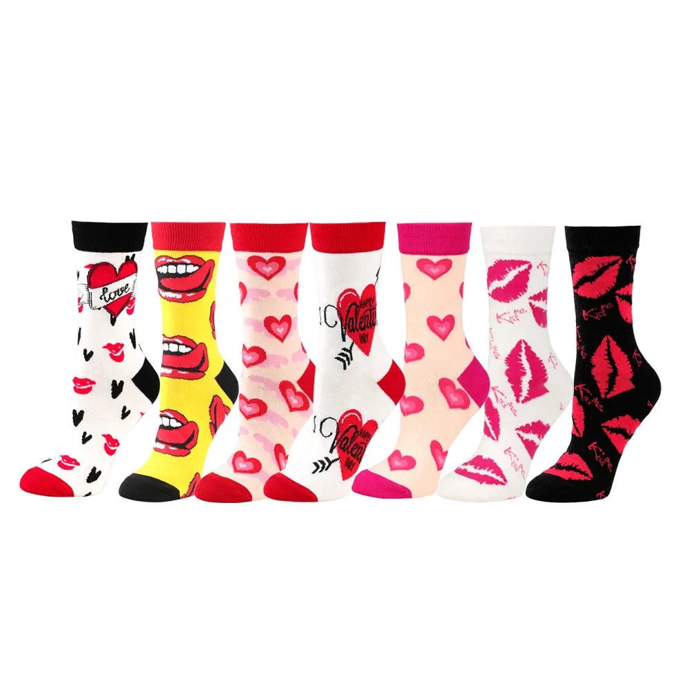 Wholesale Crazy Lip Heart Pattern Socks Women Unisex Novelty Valentine Cotton Crew Socks
