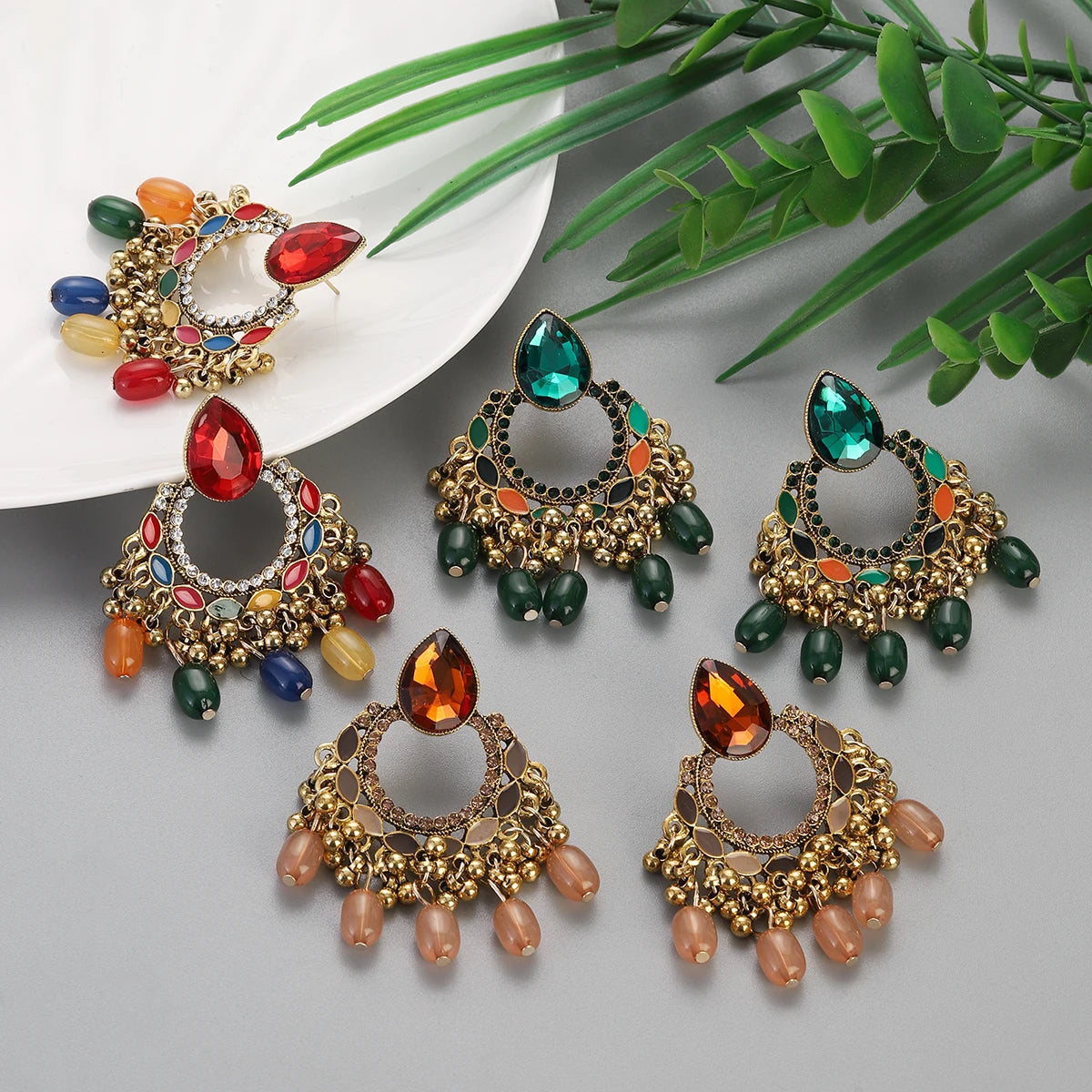 Boho Retro Indian Ethnic Gold Colorful Carved Round Earring Vintage Baroque Ethnic Rhinestone Carved Earrings