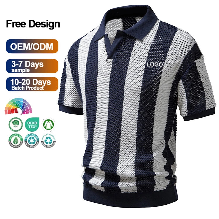 Custom Summer Lapel Mesh Shirt Hollow Short-sleeved Fishing Net Clothes Trend Men's Striped  Shirt European Size