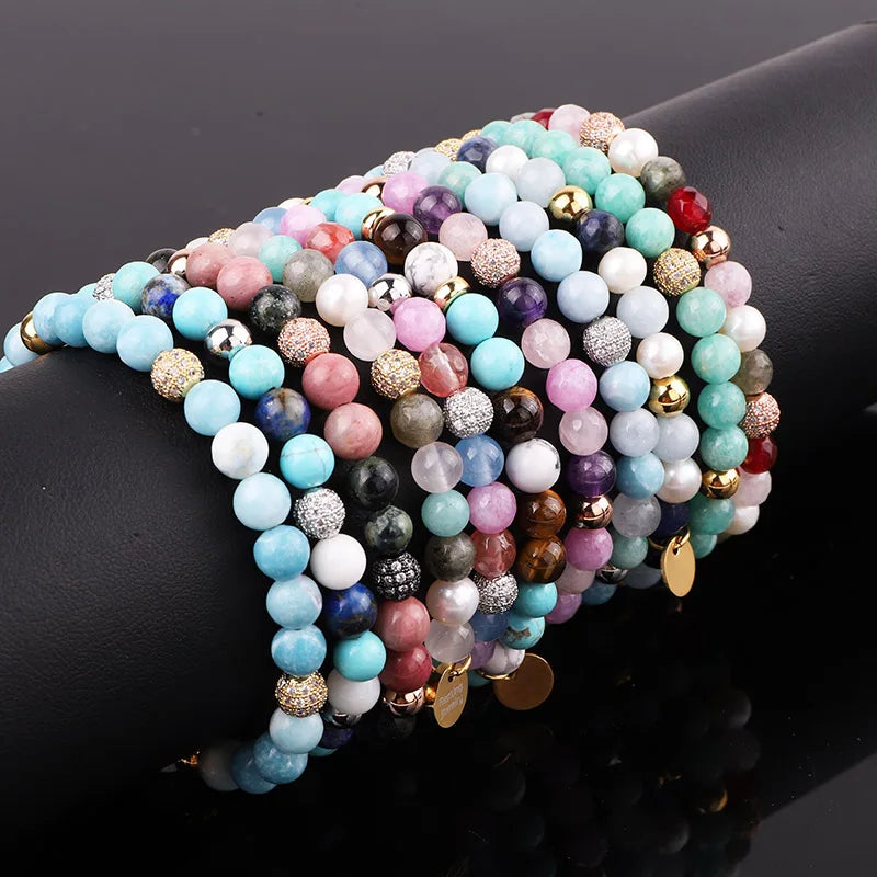 Jewelry Factory OEM CZ Pave Ball Customized Laser Engrave Logo Multi Natural Stone Elastic Gemstone Bracelet for Women