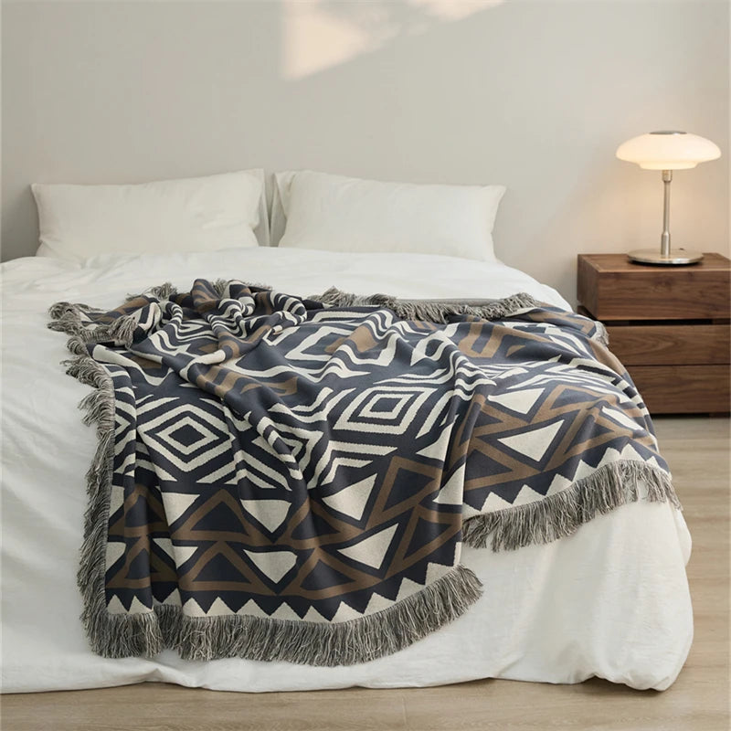 YIRUIO Retro Abstract Pattern Plaid Blanket Nordic Indian Living Room Decor Bed Sofa Soft Cotton Fringes Knitted Throw Blanket