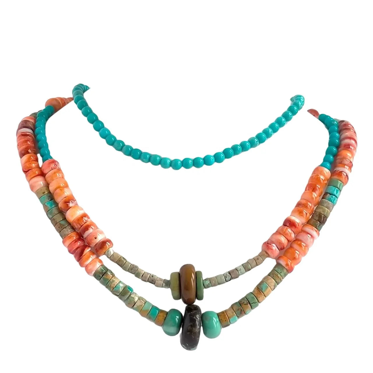 925 Sterling Silver Graduated Green Blue Turquoise Spiny Oyster Bead Necklace