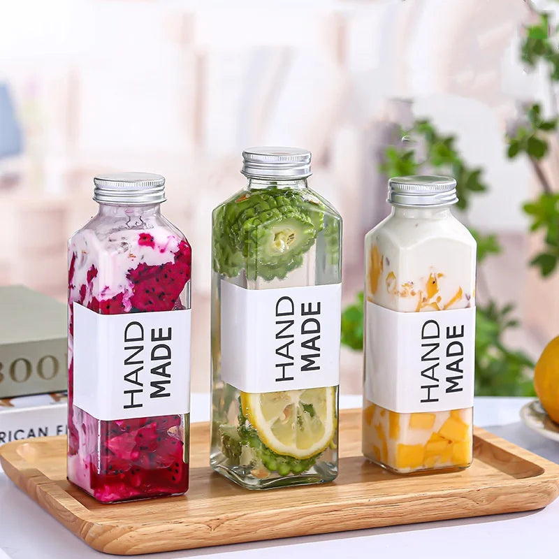 Wholesale Empty 350ml 500ml Square Milk/Juice/Tea/Drink Glass Bottle Glass Beverage Juice Bottle With Aluminium Lid for Sale