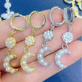 EC1930 Celestial Jewelry Pearl Pave Disc Charm CZ Micro Pave Crescent Moon Drop Charm Huggie Hoop EarringsCubic Zirconia Tassel