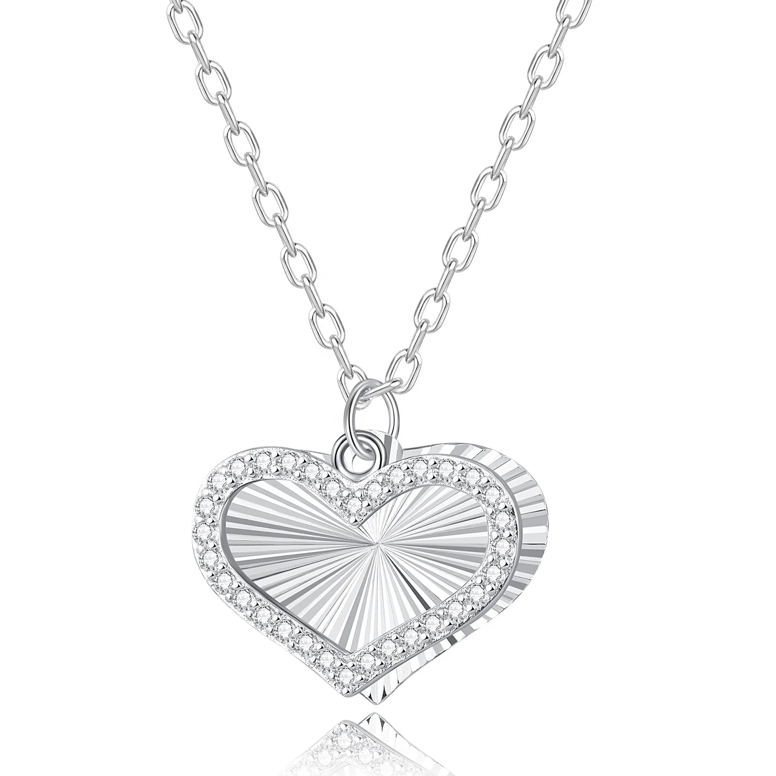 Double Heart Shaped Zirconia Pendant Necklace 925 Silver with Sparkling Stones Love's Allure Jewelry