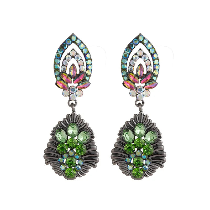 Vintage Glass Crystal Water Drop Earrings Colorful Rhinestone Geometric Layered Earrings for Women