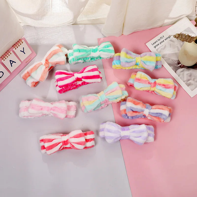 Stripe Designs Carol Fleece Sweet Style Multifunction Face Washing Soft Makeup Shower Headbands Turban with Bowknot for Women